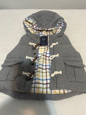 Baby GAP Gray Hooded Puffer Vest with Plaid Lining